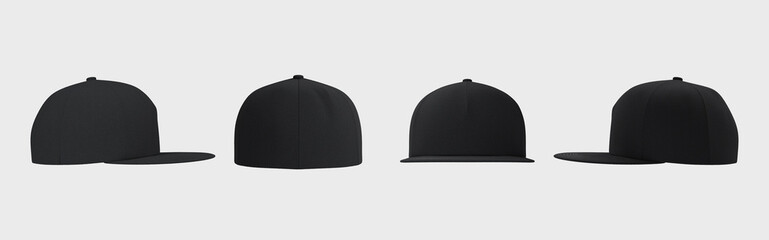 Collage of black trucker cap 3D renders showcasing four perspectives. Realistic fleece-textured fabric and flat visor design, ideal for branding, advertising, or fashion concepts. Modern template