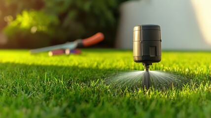 Home maintenance and repairs schedule concept. A lawn sprinkler watering fresh green grass with garden tools nearby, showcasing a vibrant outdoor scene.