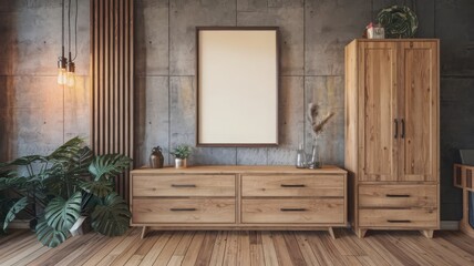Modern Wooden Furniture in Stylish Living Room Design. Discover a chic living room featuring elegant wooden furniture, minimalist decor, and greenery for a calming atmosphere.