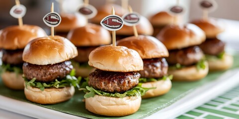 super bowl party food, brioche mini sliders skewered with super bowl logos on left side of field-themed table space for text on right side