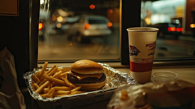 A fast-food meal in a Styrofoam container with a burger, fries, and a soft drink nearby
