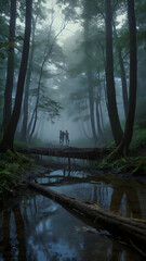 Obraz premium Misty Forest Bridge Over Tranquil Stream Surrounded by Lush Greenery