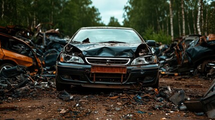 Abandoned car with damaged bumper junkyard vehicle photography urban environment eye-level view decay concept