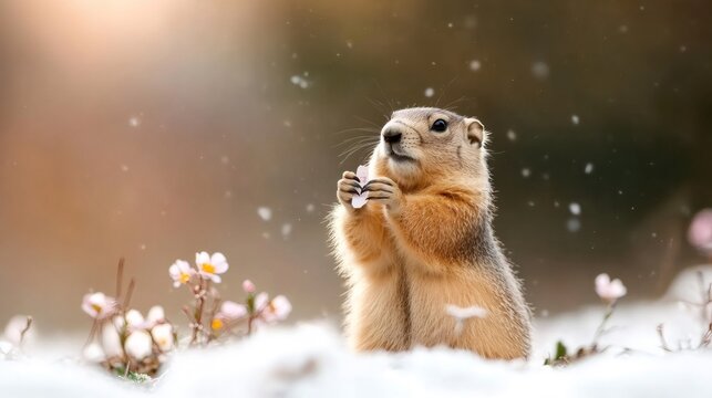 seasonal weather prediction, groundhog clutching a small scroll predicts weather amidst flowers transitioning from spring to winter snow