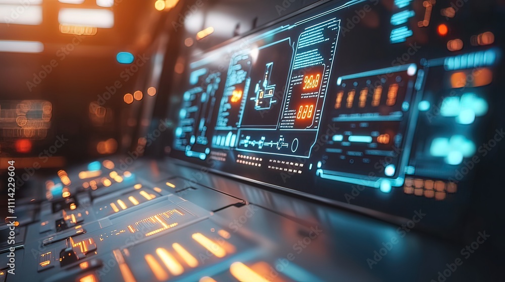 Poster futuristic control panel with glowing interfaces and digital displays.