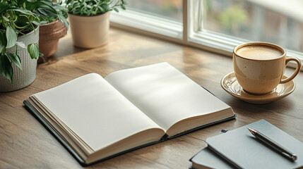 Fototapeta premium Blank Notebook on a Wooden Table with Sunny Day