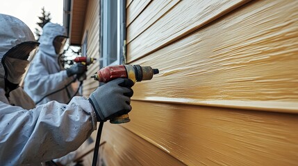 Workers painting house siding with spray gun