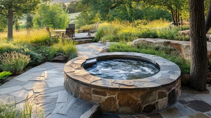 Fototapeta premium A hot tub built into a stone patio, blending seamlessly with nature