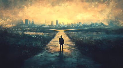 A solitary figure stands at a crossroads, facing the urban sprawl, a silent testament to the choices life presents. Solitude. Illustration