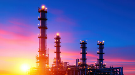 Obraz premium Industrial skyline at dusk with smoke stacks and bright sunset creating a dramatic atmosphere against a colorful sky in a refinery landscape