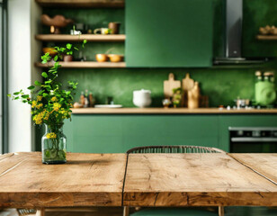 wooden table on kitchen green interior