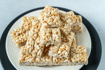 Sweet puffed rice. Food dessert crispy cracker with sugar.