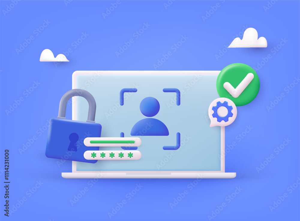 Poster computer and account login and password form page on screen. sign in to account, user authorization,