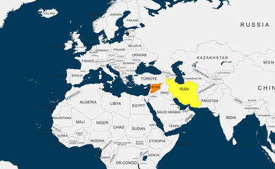 World Map Highlighting syria  and iran in Color