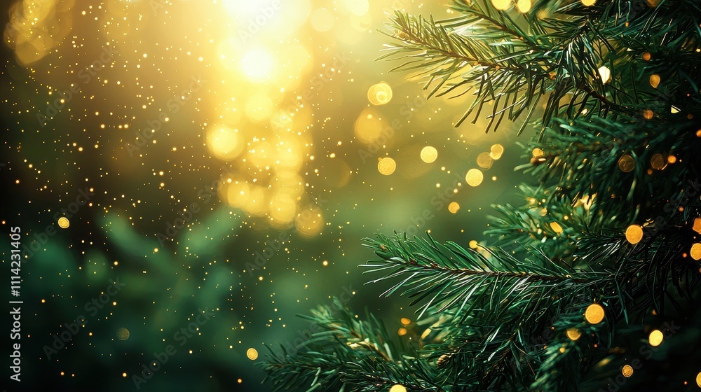 Poster softly illuminated deep green forest background with glimmering particles and sunlight effect