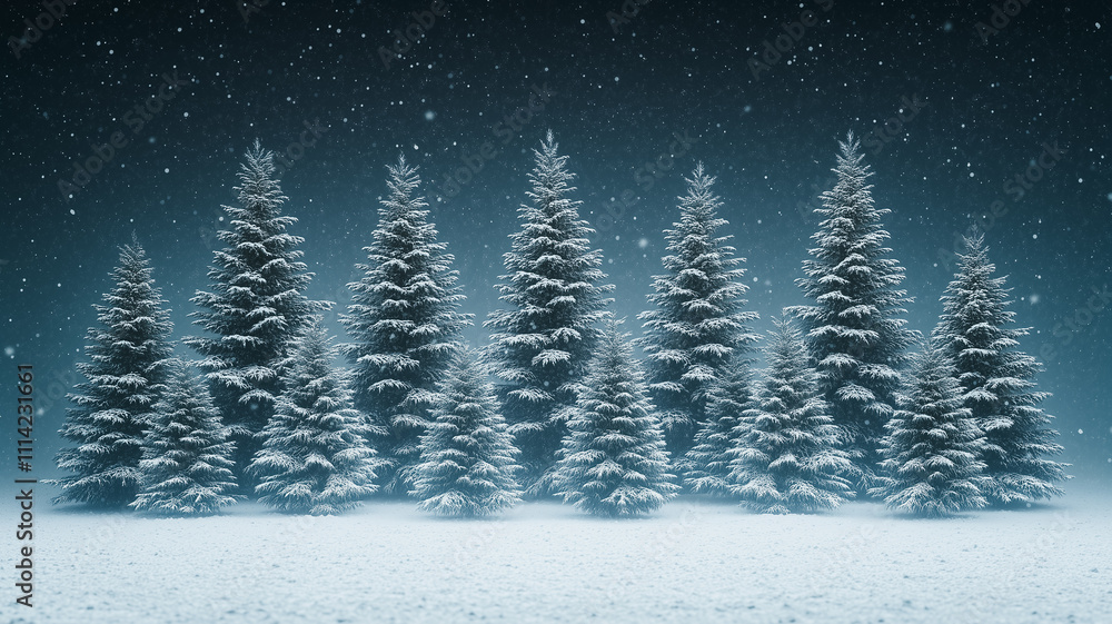 Aufkleber a row of evergreen trees covered in snow. the snow is falling and the trees are bare
