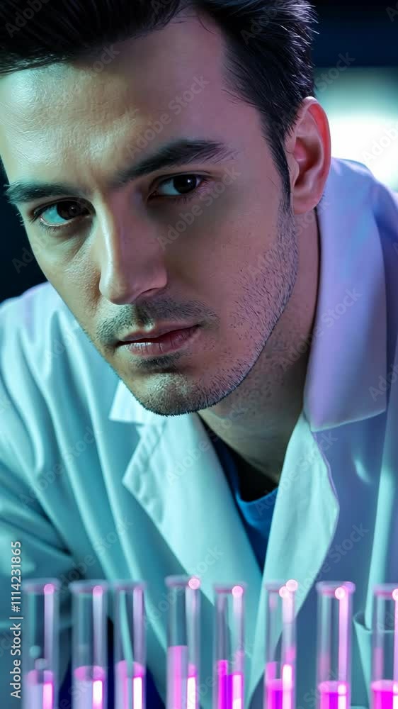 Poster scientist examining test tubes in a laboratory setting during evening hours with innovative lighting