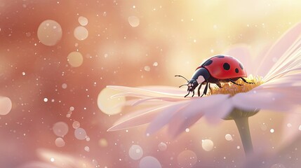 Naklejka premium A ladybug resting on a daisy petal with a blurred floral background