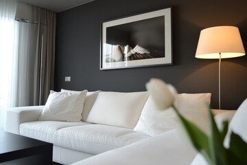Wall art empty picture frame mockup on wooden desk, wall, table. Vase with olive branches, cactus. Elegant working space, home office concept.