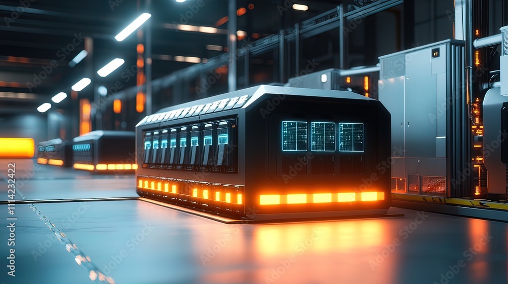 Poster futuristic server room with rows of glowing data storage units.