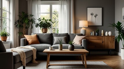 Wooden table in front of couch in spacious living room interior with plants and lamps. Real photo