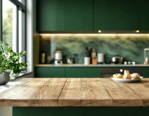 Wooden table top on blur kitchen room background,Modern Contemporary green kitchen room interior