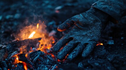 Naklejka premium A pair of gloves covered in soot, lying near a glowing fire pit, with ashes around them