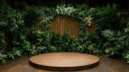 Naklejka premium Circular bamboo podium surrounded by lush greenery indoor event space nature-inspired design ambient viewpoint eco-friendly concept
