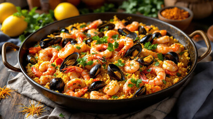 Fototapeta premium A close-up of a delicious, traditional seafood paella in a large, round paella pan.