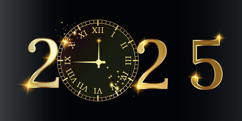 Fototapeta premium 2025 New Year golden numbers black luxury background. Happy new year 2025 celebration template with golden shine numbers and golden running clock