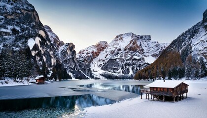 braies lake winter time alps