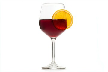 Single thin cocktail glass with mulled wine isolated on white background