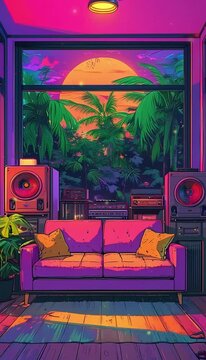 stream starting soon screen, overlay loop animated virtual backgrounds living room beautiful chill, atmospheric wallpaper vtuber asset twitch zoom OBS, anime chill hip hop. purple colours manga style