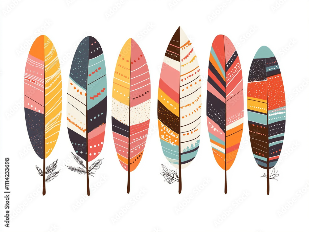 Poster a colorful feather pattern with simple shapes and bold colors.