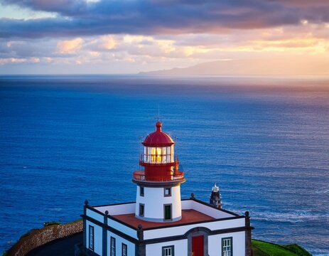 farol do arnel is a graceful lighthouse on sao miguel island azores guiding seafarers with its luminous presence and maritime history high quality photo