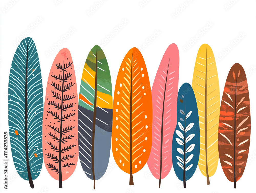 Poster a colorful feather pattern with simple shapes and bold colors.