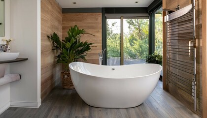 Fototapeta premium large white bathtub in new modern bathroom