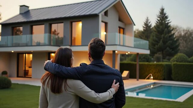 A couple is looking at their new modern home