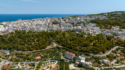 Aerial view of the town of Peschici, located in Puglia, Italy, on the coast of the Adriatic Sea. It...