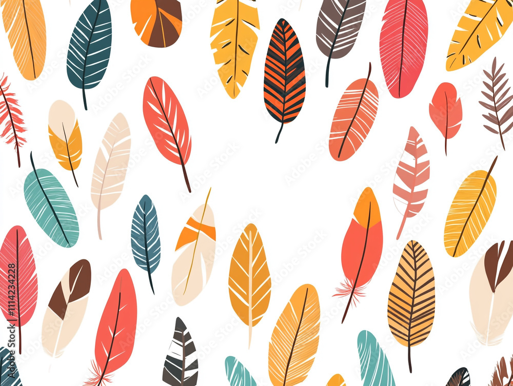 Poster a colorful feather pattern with simple shapes and bold colors.