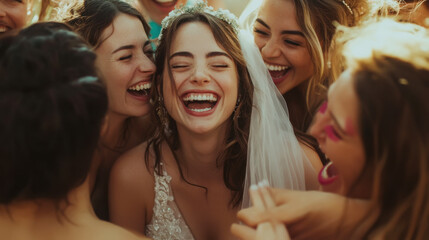 Joyful bride to be celebrates with friends at bridal shower festivity