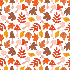 Autumn leaves and mushrooms seamless pattern. Fall season background design. Flat style vector illustration