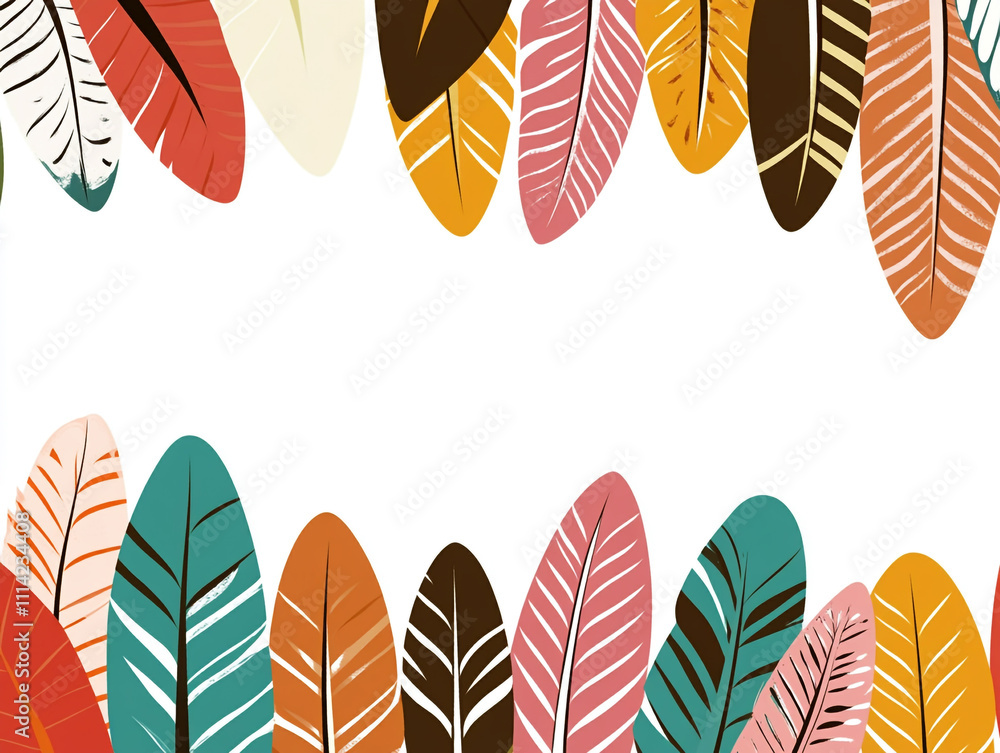 Poster a colorful feather pattern with simple shapes and bold colors.