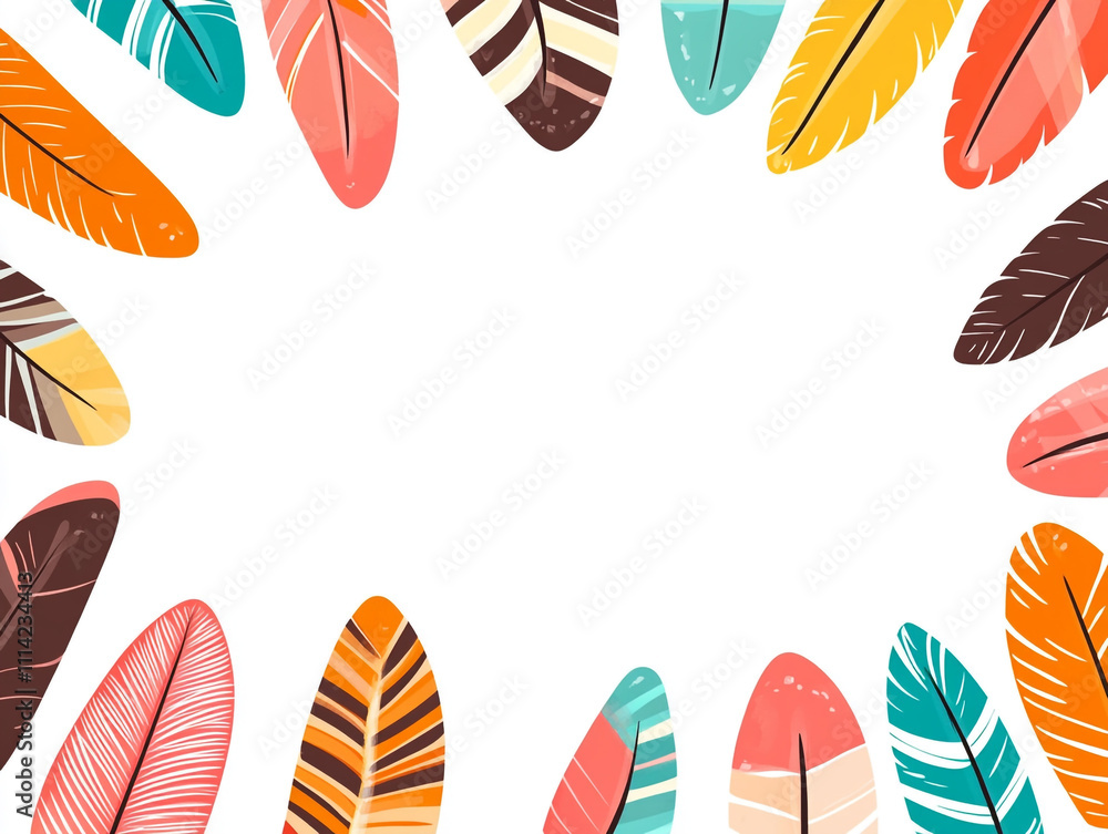 Poster a colorful feather pattern with simple shapes and bold colors.