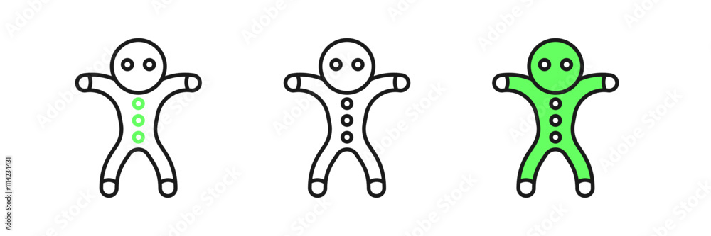 Poster set line holiday gingerbread man cookie icon isolated on white background. cookie in shape of man wi