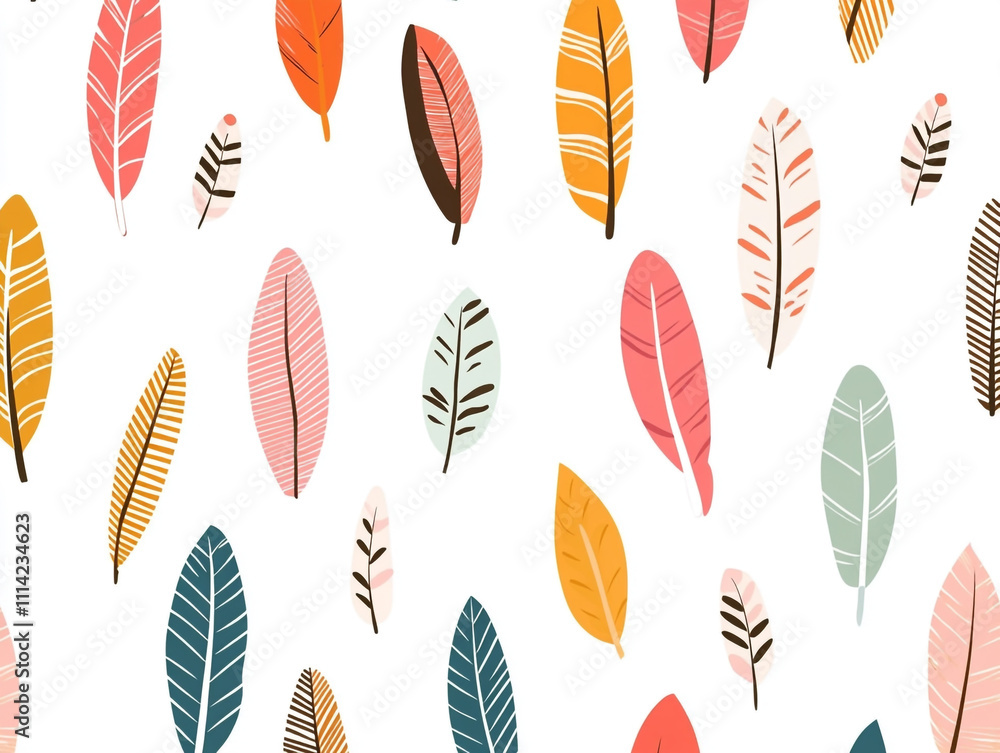 Poster a colorful feather pattern with simple shapes and bold colors.