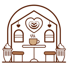 Valentine Coffee Shop with Heart Latte Art Illustration.