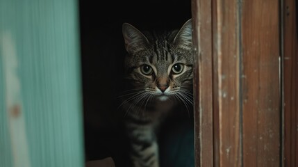 A scared tabby cat hiding under a wooden closet, peeking out cautiously