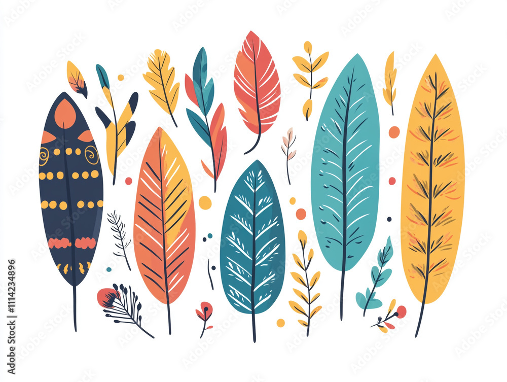 Poster a colorful feather pattern with simple shapes and bold colors.