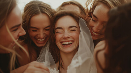 Joyful bride-to-be celebrating with close friends in laughter
